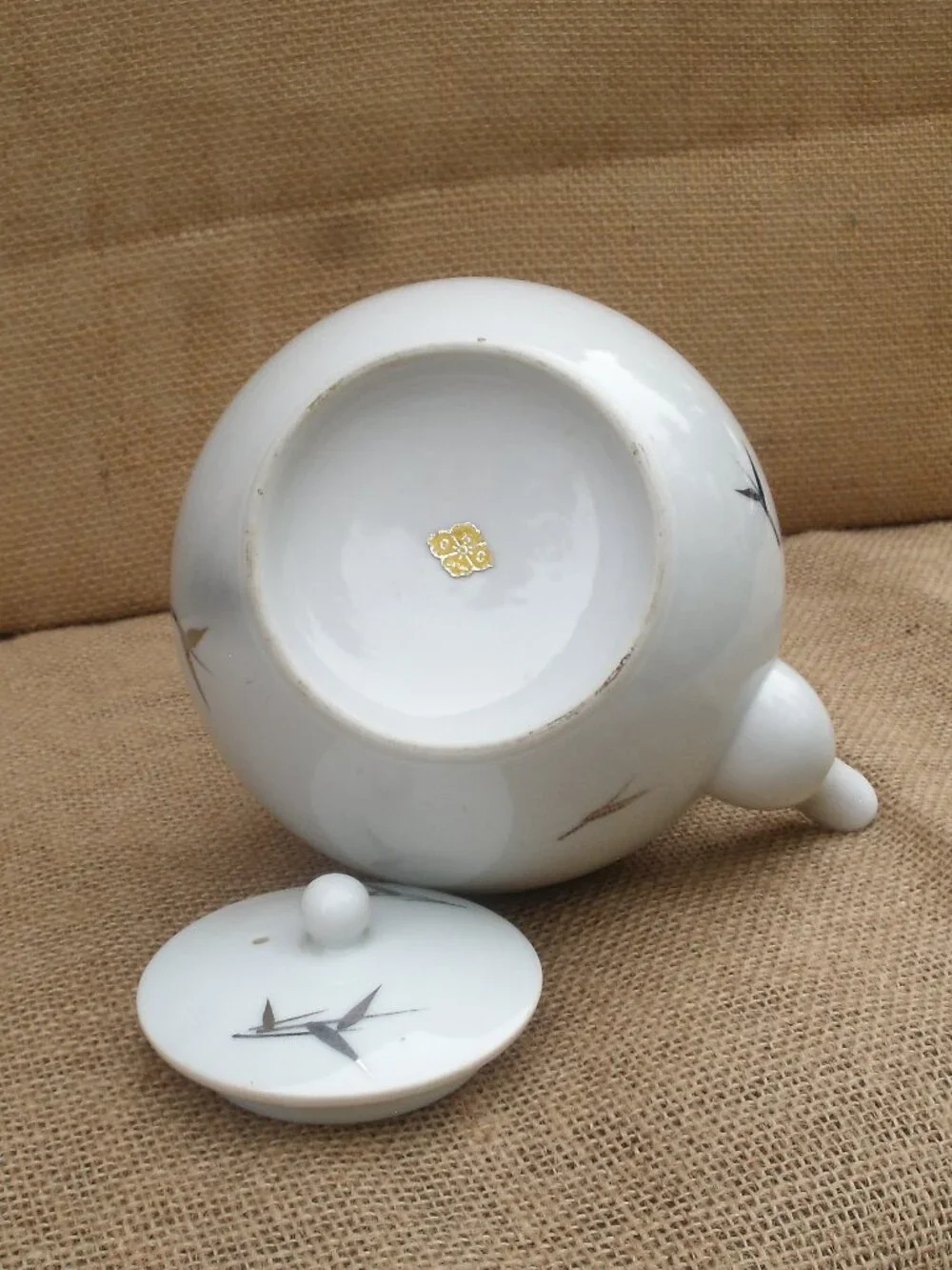 Vintage Otagiri Brushstroke Bamboo Teapot Rattan Handle